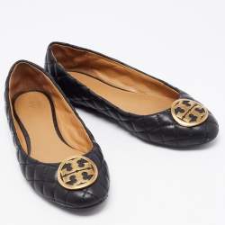 Pre Owned Tory Burch Black Quilted Leather Benton Ballet Flats Size 38.5