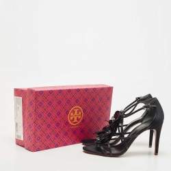 Pre Owned Tory Burch Black Leather Blossom Floral Embellished Sandals Size 38