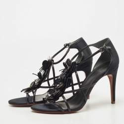 Pre Owned Tory Burch Black Leather Blossom Floral Embellished Sandals Size 38