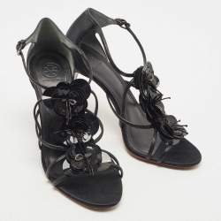Pre Owned Tory Burch Black Leather Blossom Floral Embellished Sandals Size 38