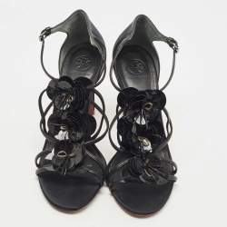 Pre Owned Tory Burch Black Leather Blossom Floral Embellished Sandals Size 38