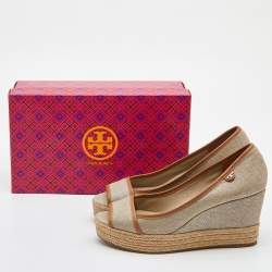 Pre Owned Tory Burch Beige/Tan Canvas and Leather Espadrille Wedge Pumps Size 39.5