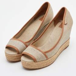 Pre Owned Tory Burch Beige/Tan Canvas and Leather Espadrille Wedge Pumps Size 39.5