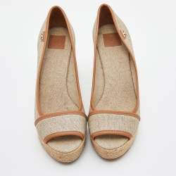Pre Owned Tory Burch Beige/Tan Canvas and Leather Espadrille Wedge Pumps Size 39.5