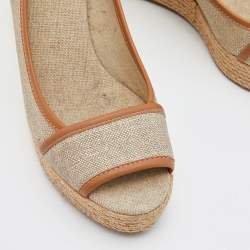 Pre Owned Tory Burch Beige/Tan Canvas and Leather Espadrille Wedge Pumps Size 39.5