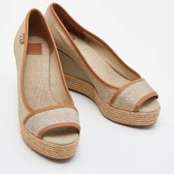 Pre Owned Tory Burch Beige/Tan Canvas and Leather Espadrille Wedge Pumps Size 39.5