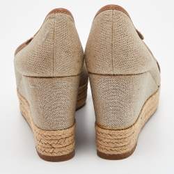 Pre Owned Tory Burch Beige/Tan Canvas and Leather Espadrille Wedge Pumps Size 39.5