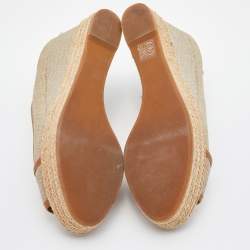 Pre Owned Tory Burch Beige/Tan Canvas and Leather Espadrille Wedge Pumps Size 39.5