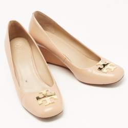 Pre Owned Tory Burch Beige Leather Lowell Wedge Pumps Size 38.5
