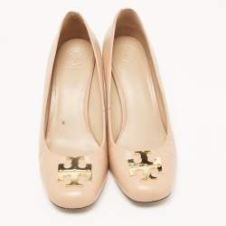 Pre Owned Tory Burch Beige Leather Lowell Wedge Pumps Size 38.5