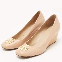 Pre Owned Tory Burch Beige Leather Lowell Wedge Pumps Size 38.5