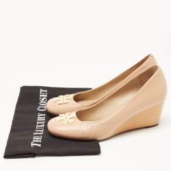 Pre Owned Tory Burch Beige Leather Lowell Wedge Pumps Size 38.5