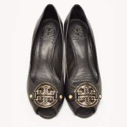 Pre Owned Tory Burch Black Leather Wedge Pumps Size 40
