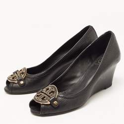 Pre Owned Tory Burch Black Leather Wedge Pumps Size 40