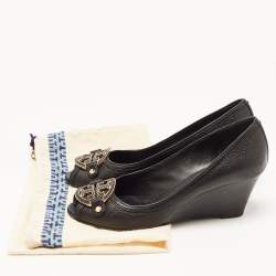 Pre Owned Tory Burch Black Leather Wedge Pumps Size 40