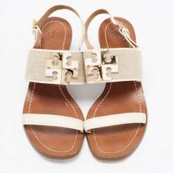 Pre Owned Tory Burch Off-white/Grey Leather And Canvas Lowell Sandals Size 37.5