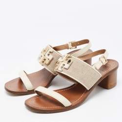 Pre Owned Tory Burch Off-white/Grey Leather And Canvas Lowell Sandals Size 37.5