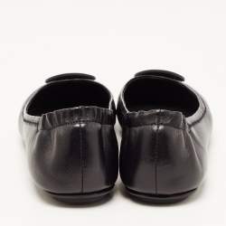 Pre Owned Tory Burch Navy Blue/Beige Leather and Woven Fabric Reva Ballet Flats Size 39