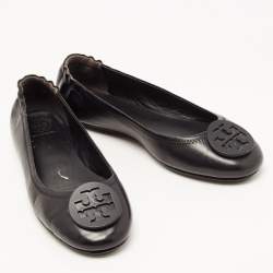 Pre Owned Tory Burch Navy Blue/Beige Leather and Woven Fabric Reva Ballet Flats Size 39