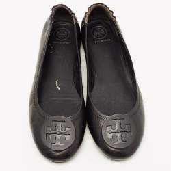 Pre Owned Tory Burch Navy Blue/Beige Leather and Woven Fabric Reva Ballet Flats Size 39