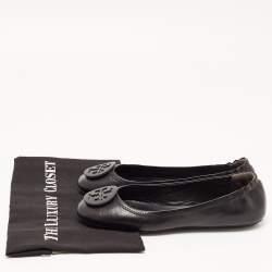 Pre Owned Tory Burch Navy Blue/Beige Leather and Woven Fabric Reva Ballet Flats Size 39