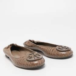 Pre Owned Tory Burch Brown Croc Embossed Leather Reva Ballet Flats Size 37