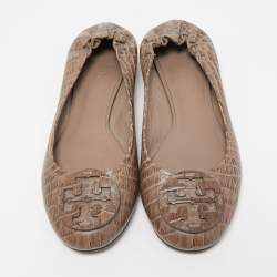 Pre Owned Tory Burch Brown Croc Embossed Leather Reva Ballet Flats Size 37