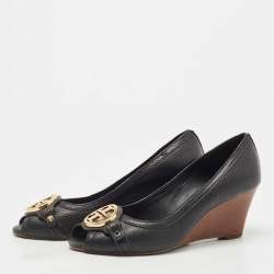 Tory Burch Black Leather Sally Wedge Pumps Size 39.5