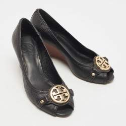 Tory Burch Black Leather Sally Wedge Pumps Size 39.5