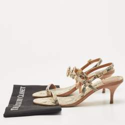 Pre Owned Tory Burch Beige/Black Python Embossed Ankle Strap Sandals Size 39.5