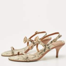 Pre Owned Tory Burch Beige/Black Python Embossed Ankle Strap Sandals Size 39.5