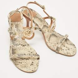 Pre Owned Tory Burch Beige/Black Python Embossed Ankle Strap Sandals Size 39.5