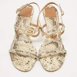 Pre Owned Tory Burch Beige/Black Python Embossed Ankle Strap Sandals Size 39.5