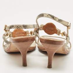 Pre Owned Tory Burch Beige/Black Python Embossed Ankle Strap Sandals Size 39.5