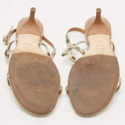 Pre Owned Tory Burch Beige/Black Python Embossed Ankle Strap Sandals Size 39.5
