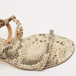 Pre Owned Tory Burch Beige/Black Python Embossed Ankle Strap Sandals Size 39.5