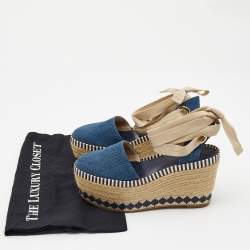 Pre Owned Tory Burch Blue Denim Dandy Ankle Wrap Espadrille Wedge Sandals Size 35.5