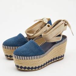 Pre Owned Tory Burch Blue Denim Dandy Ankle Wrap Espadrille Wedge Sandals Size 35.5
