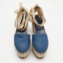 Pre Owned Tory Burch Blue Denim Dandy Ankle Wrap Espadrille Wedge Sandals Size 35.5