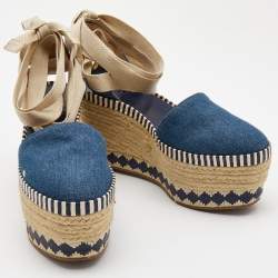 Pre Owned Tory Burch Blue Denim Dandy Ankle Wrap Espadrille Wedge Sandals Size 35.5