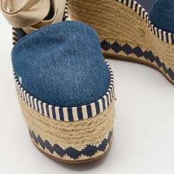 Pre Owned Tory Burch Blue Denim Dandy Ankle Wrap Espadrille Wedge Sandals Size 35.5