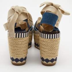 Pre Owned Tory Burch Blue Denim Dandy Ankle Wrap Espadrille Wedge Sandals Size 35.5