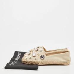 Pre Owned Tory Burch Beige Canvas Faux Pearl and Crystal Embellished Vail Espadrille Flats Size 36.5