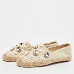 Pre Owned Tory Burch Beige Canvas Faux Pearl and Crystal Embellished Vail Espadrille Flats Size 36.5