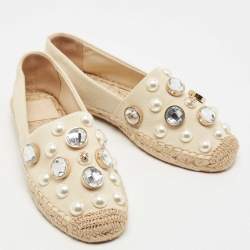 Pre Owned Tory Burch Beige Canvas Faux Pearl and Crystal Embellished Vail Espadrille Flats Size 36.5