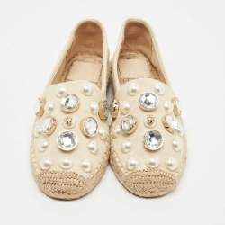 Pre Owned Tory Burch Beige Canvas Faux Pearl and Crystal Embellished Vail Espadrille Flats Size 36.5
