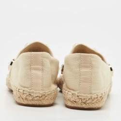 Pre Owned Tory Burch Beige Canvas Faux Pearl and Crystal Embellished Vail Espadrille Flats Size 36.5