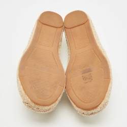 Pre Owned Tory Burch Beige Canvas Faux Pearl and Crystal Embellished Vail Espadrille Flats Size 36.5