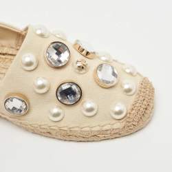 Pre Owned Tory Burch Beige Canvas Faux Pearl and Crystal Embellished Vail Espadrille Flats Size 36.5