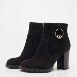 Pre Owned Tory Burch Black Suede Sofia Lugged Logo Charm Ankle Boots Size 39